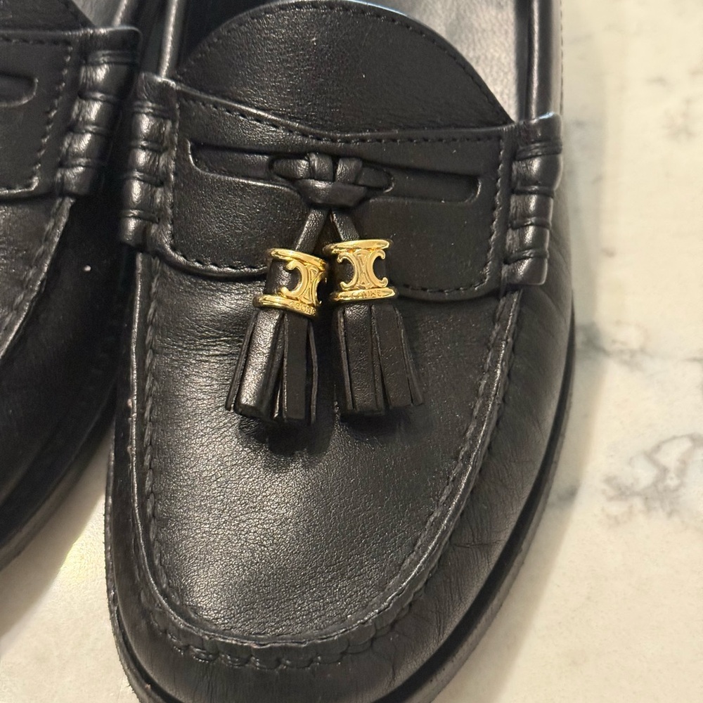 Celine Black and Gold Leather Loafers with Tassel Detail